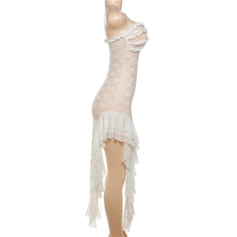 Lace see through ruffle backless slit tube midi dress