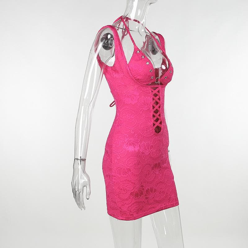 Halter o ring lace up lace backless hollow out solid mini dress
