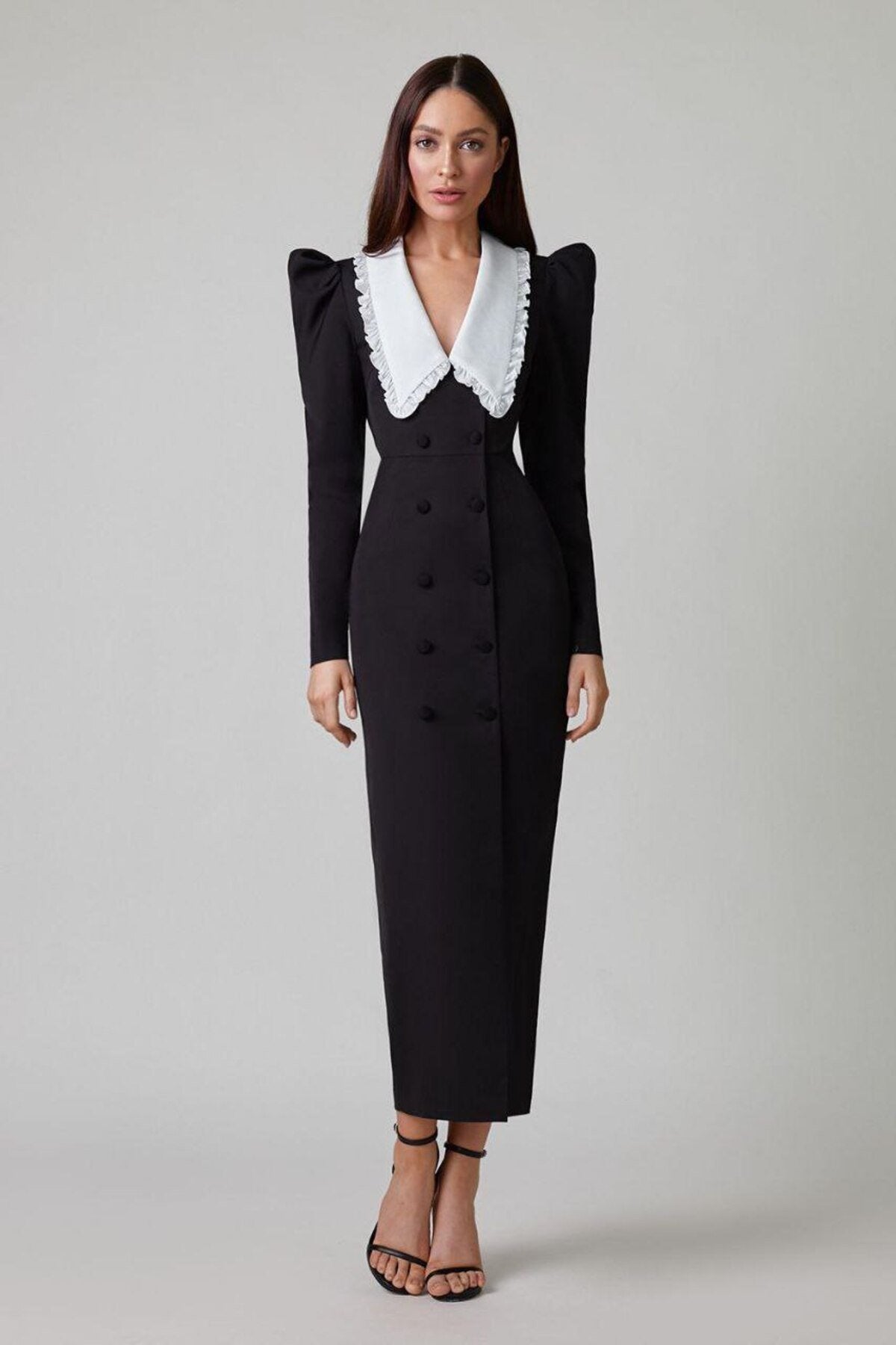 Kathy Peter Pan Collar V neck Midi Dress