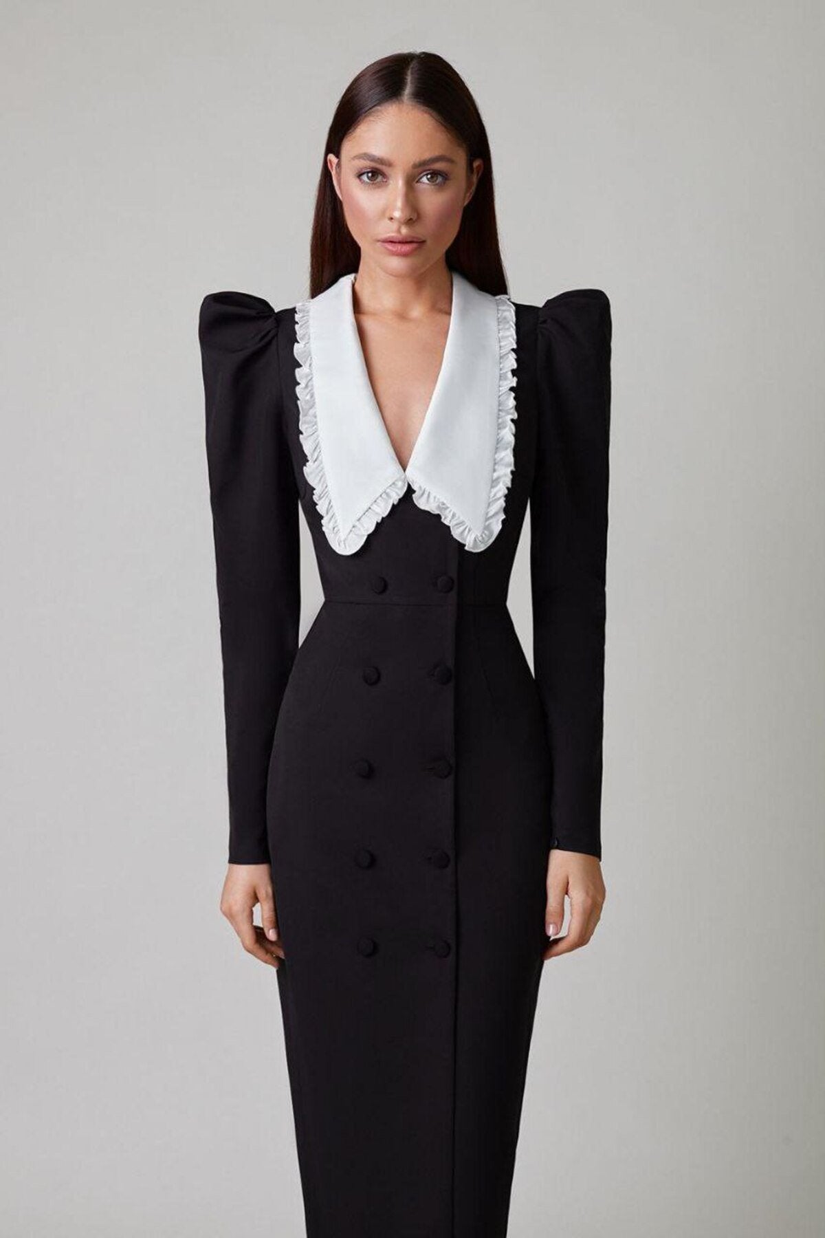 Kathy Peter Pan Collar V neck Midi Dress
