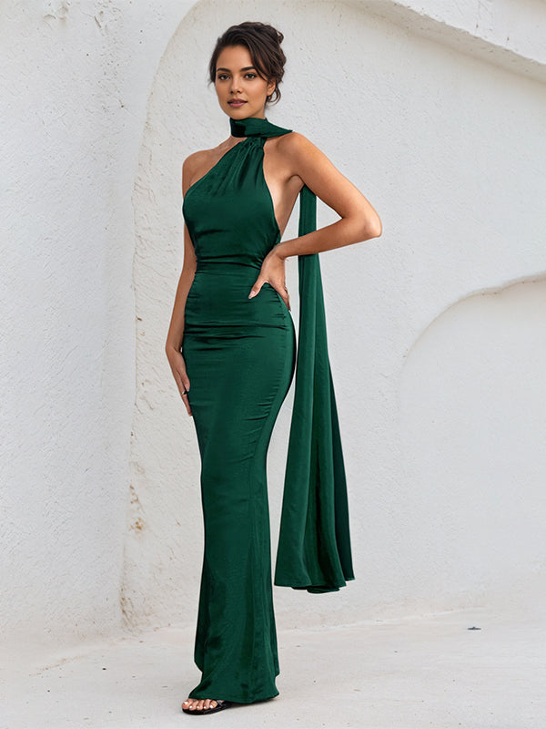 Green Satin Halter Neck Sleeveless Open Back Floor Length Dress - VelvetHem