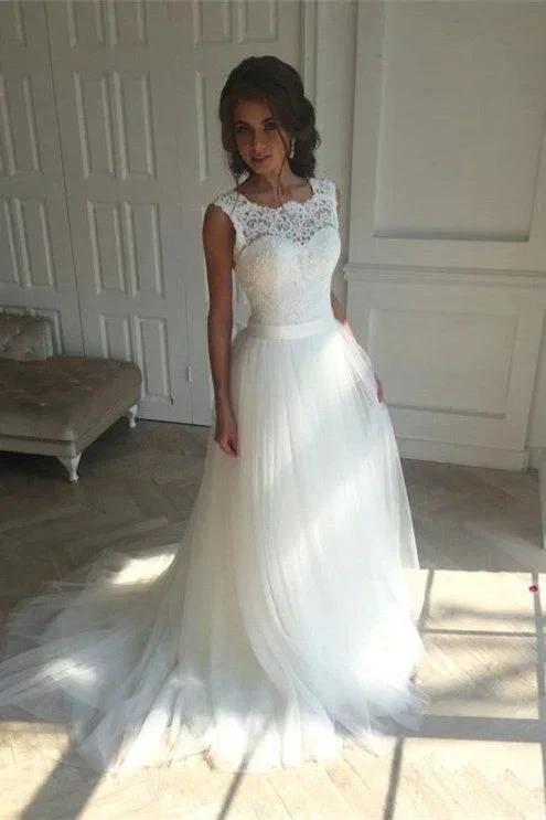 Lace A-line Simple Sleeveless Sash Open-Back Wedding Dresses (ZD16610) - VelvetHem