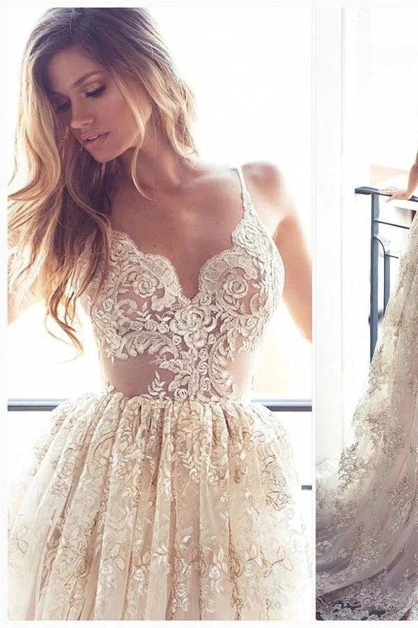 Lace Appliques Elegant V-Neck Prom Dress Tiered Backless Sleeveless Evening Dress (ZD14698) - VelvetHem