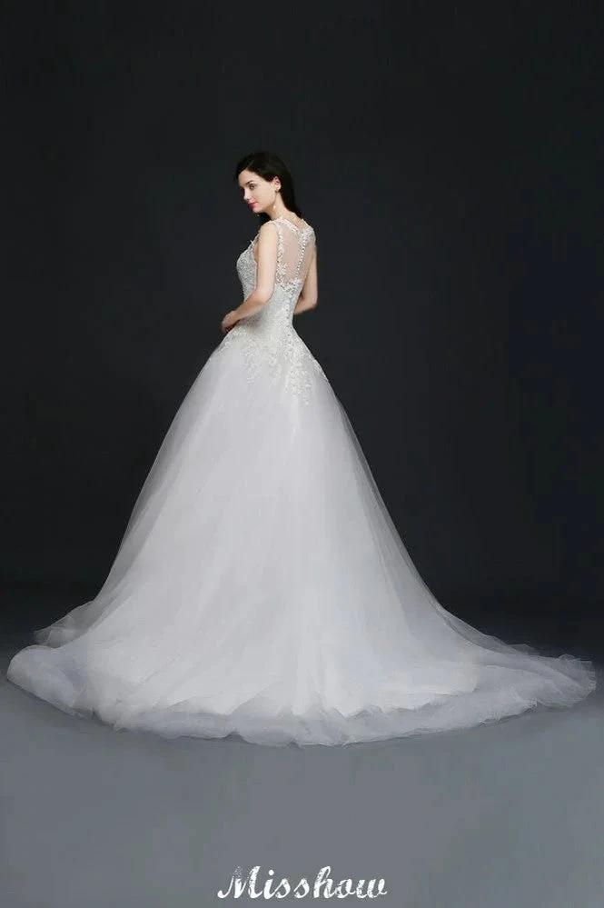 Lace Appliques Scoop Tulle Wedding Dress (ZD13925) - VelvetHem