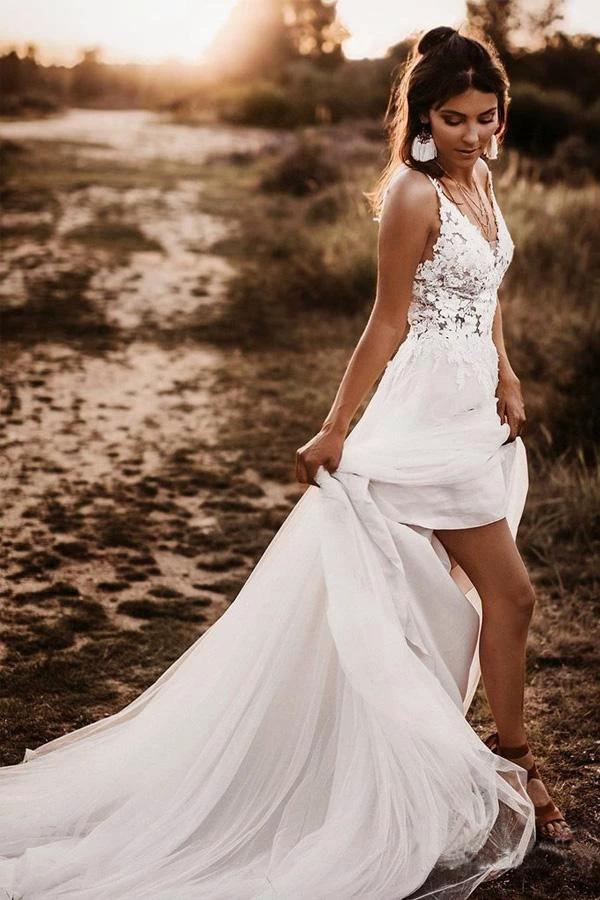Lace Bodice V Neck Bridal Dresses Ivory Backless A Line Wedding Dresses (ZD16007) - VelvetHem