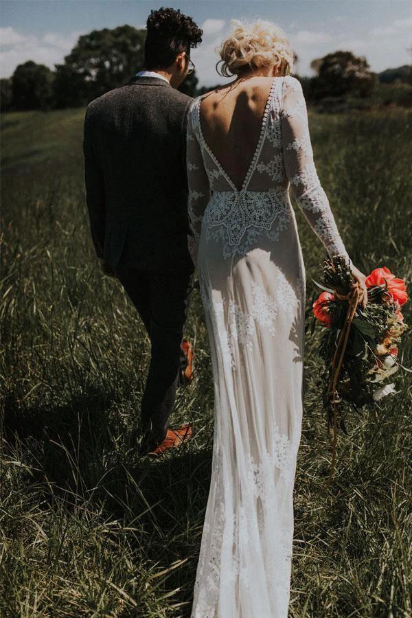 Lace Long Sleeve Backless Boho Wedding Gowns Rustic Wedding Dress (ZD15276) - VelvetHem