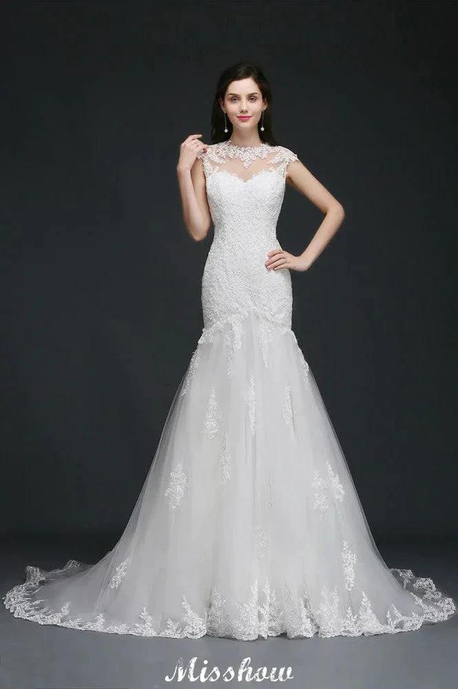 Lace Mermaid Jewel Elegant Wedding Dress by misshow.com