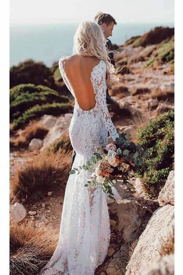 Lace Rustic Wedding Dresses Long Sleeve Mermaid Wedding Dress (ZD16298) - VelvetHem