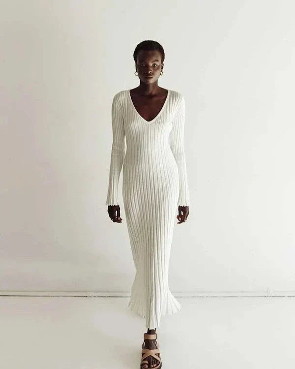 Zaira Long Sleeve Knit Midi Dress with V-neck for Women Stylish Outfit