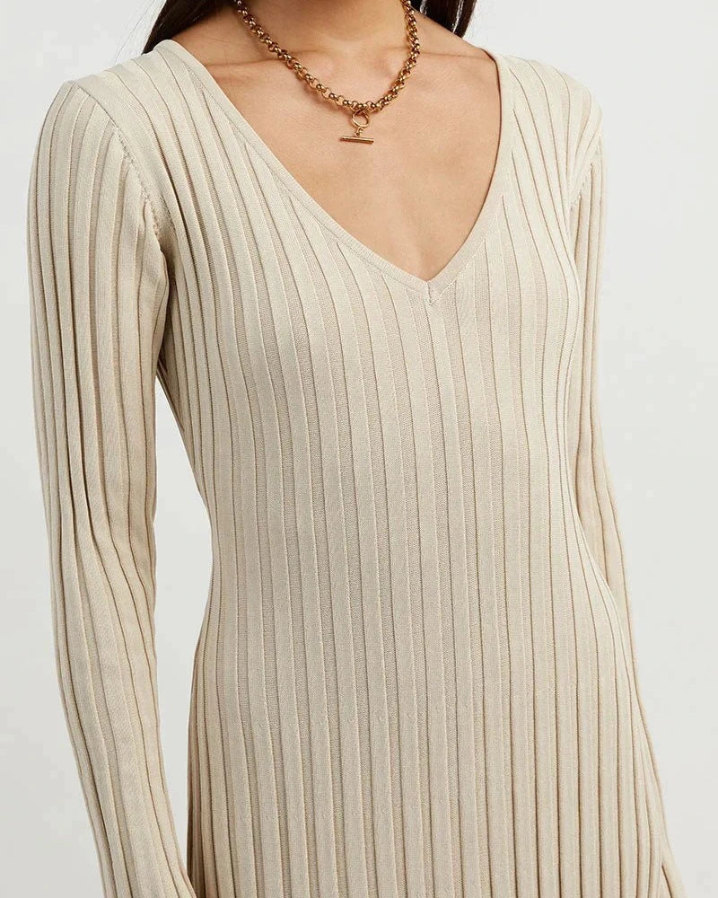 Zaira Long Sleeve Knit Midi Dress with V-neck for Women Stylish Outfit