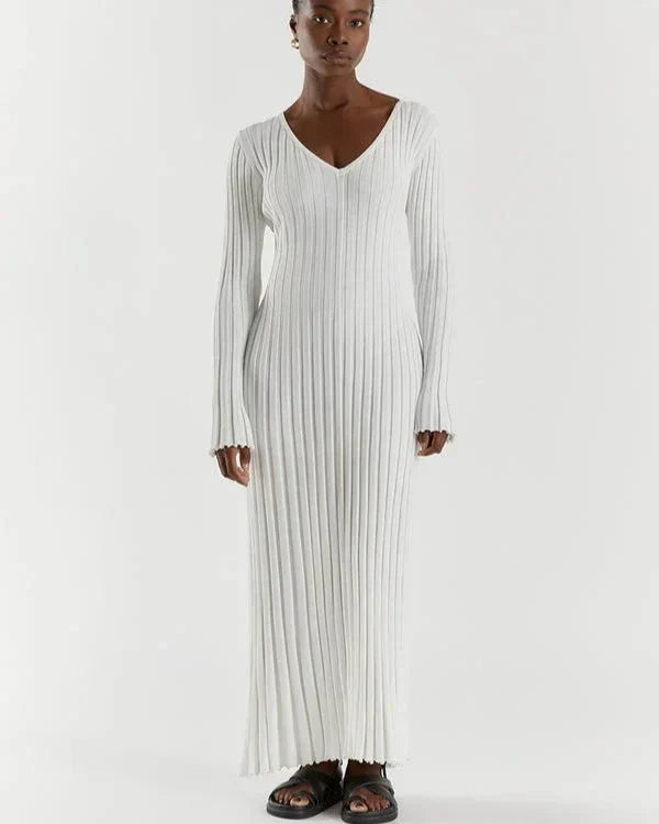 Zaira Long Sleeve Knit Midi Dress with V-neck for Women Stylish Outfit