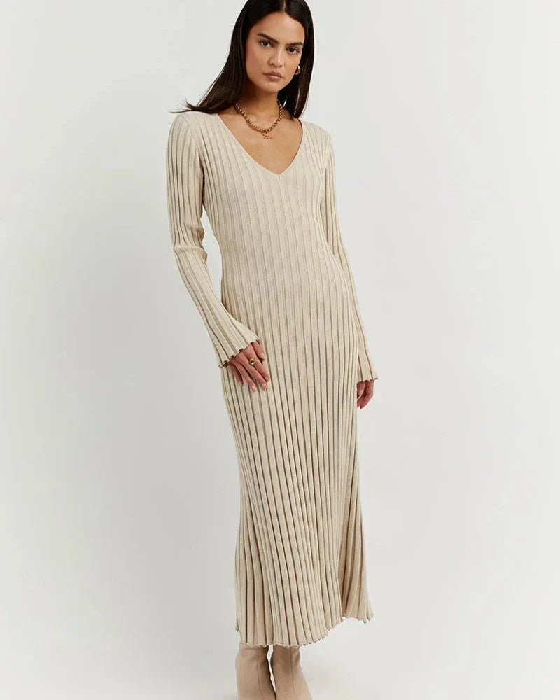 Zaira Long Sleeve Knit Midi Dress with V-neck for Women Stylish Outfit