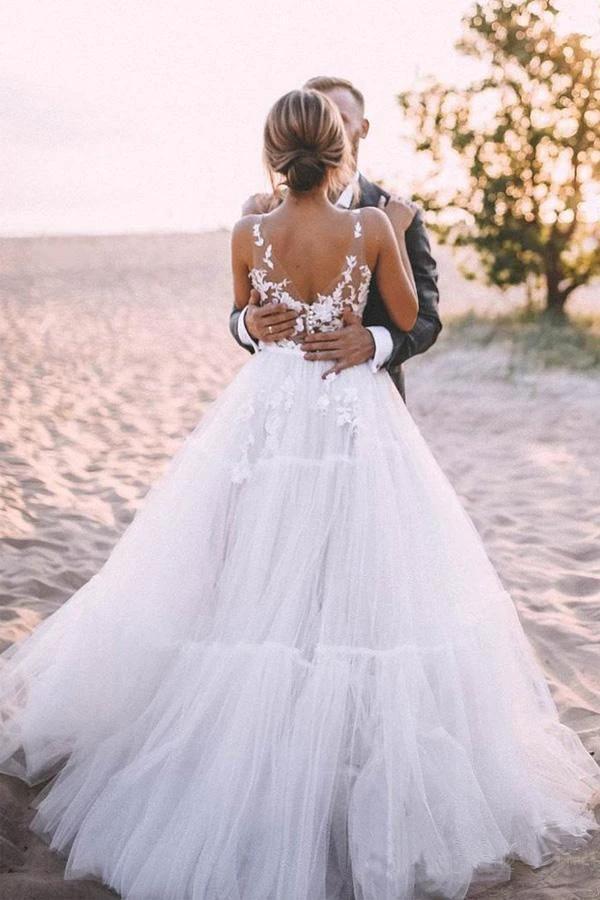 Layered Tulle Skirt Lace V Neck Outdoor Wedding Dresses Bridal Gown (ZD16340)