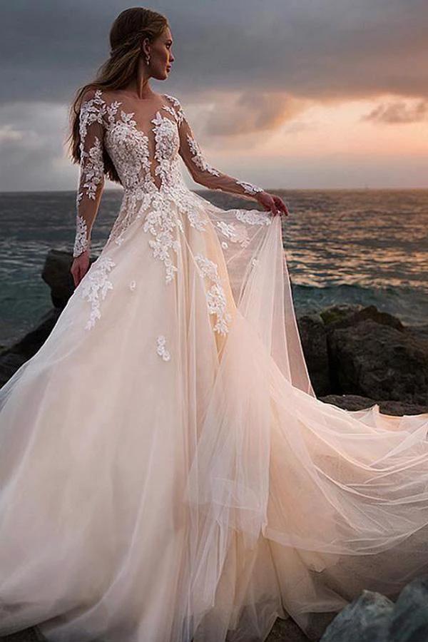 Ivory Tulle Beach Wedding Dress with Illusion Lace Long Sleeves (ZD16260)