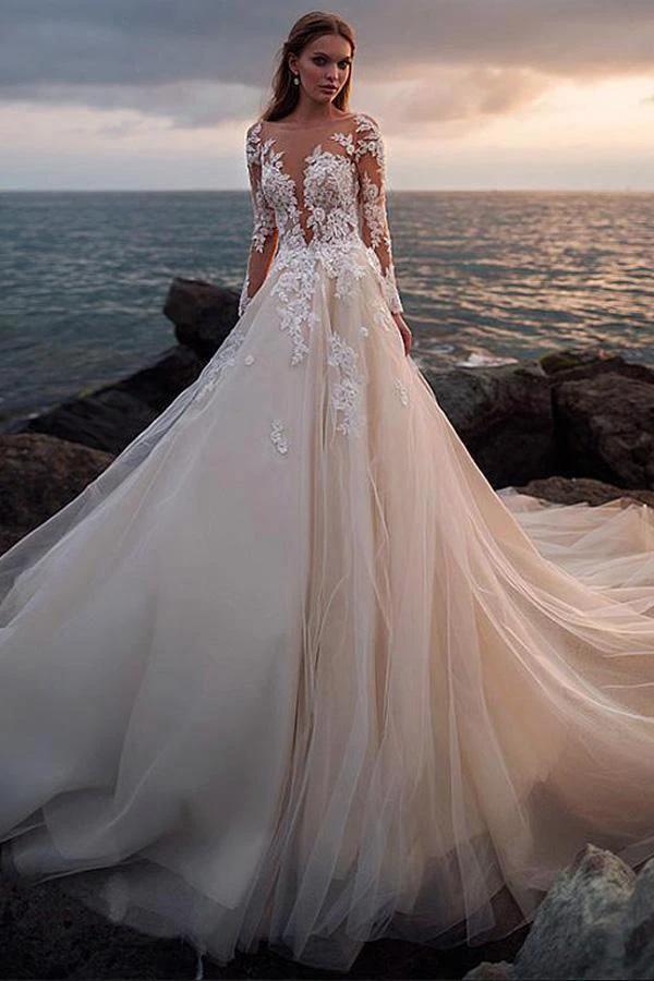 Ivory Tulle Beach Wedding Dress with Illusion Lace Long Sleeves (ZD16260) - VelvetHem