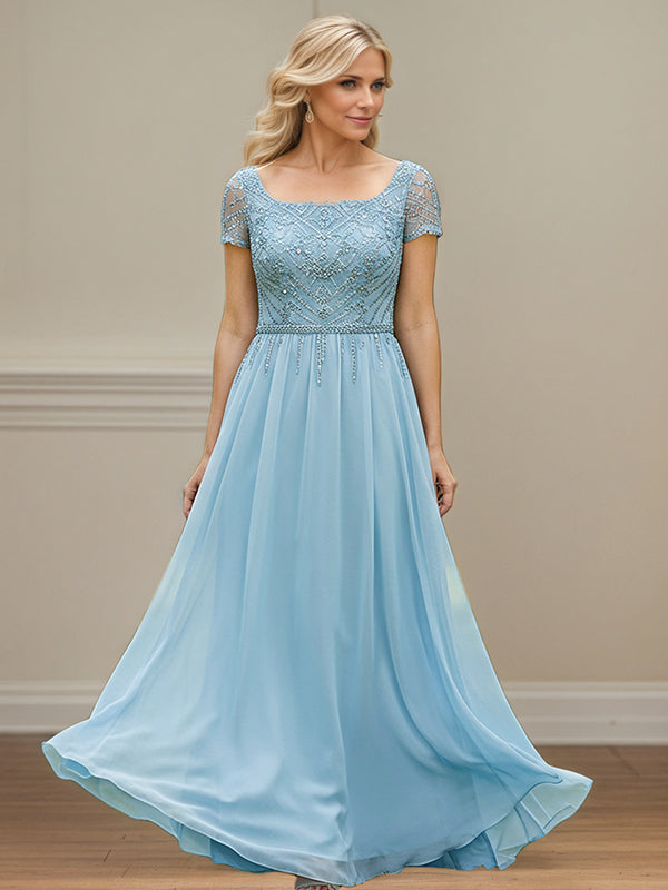 Light Blue A Line Square-Neck Chiffon Mother Of The Bride Dress With Appliques - VelvetHem