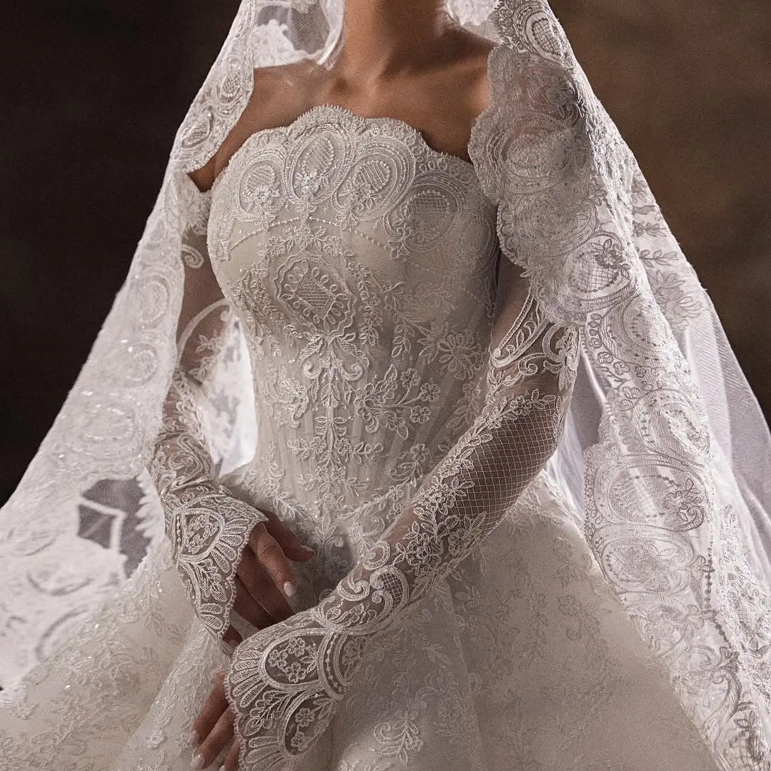 Luxury White Lace Long Sleeve Fitted Train Wedding Dress with Veil ZP155