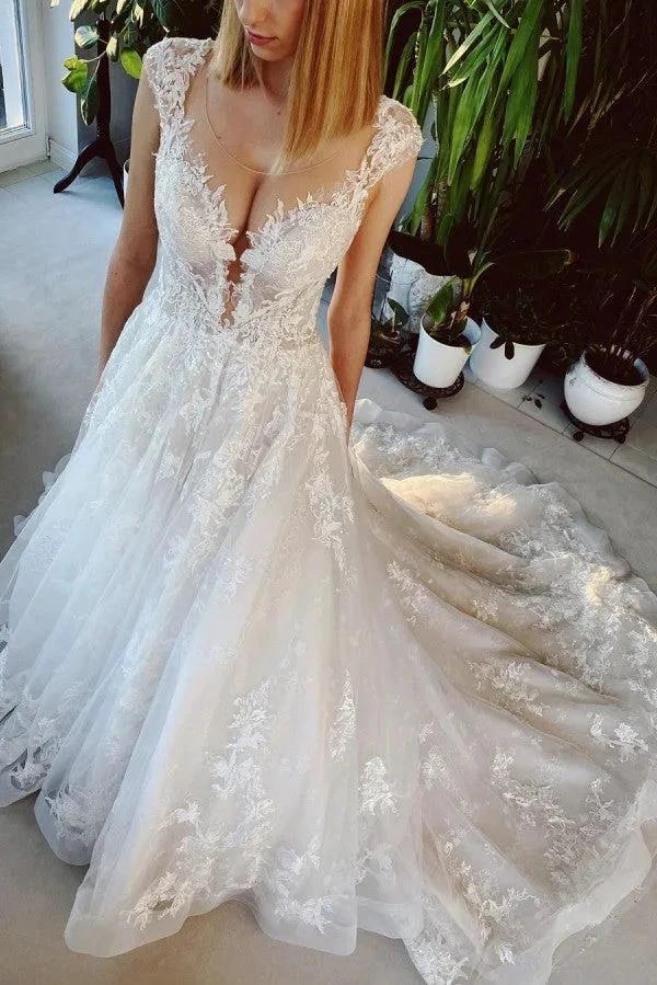 Long A-line Appliques Lace Backless Church Train Wedding Dress (ZD15093) - VelvetHem
