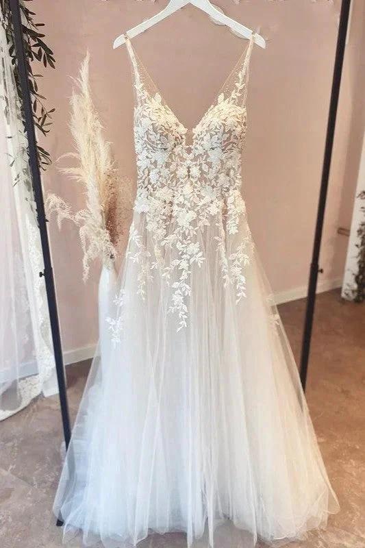Long A-Line Appliques Lace Spaghetti Straps Sweetheart Tulle Wedding Dresses (ZD15216) - VelvetHem