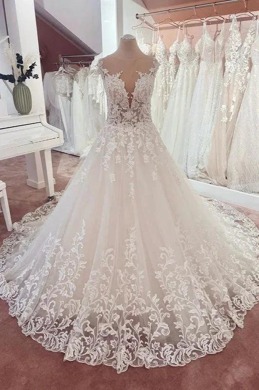 Long A-Line Appliques Lace Sweetheart Tulle Wedding Dress (ZD15215) - VelvetHem