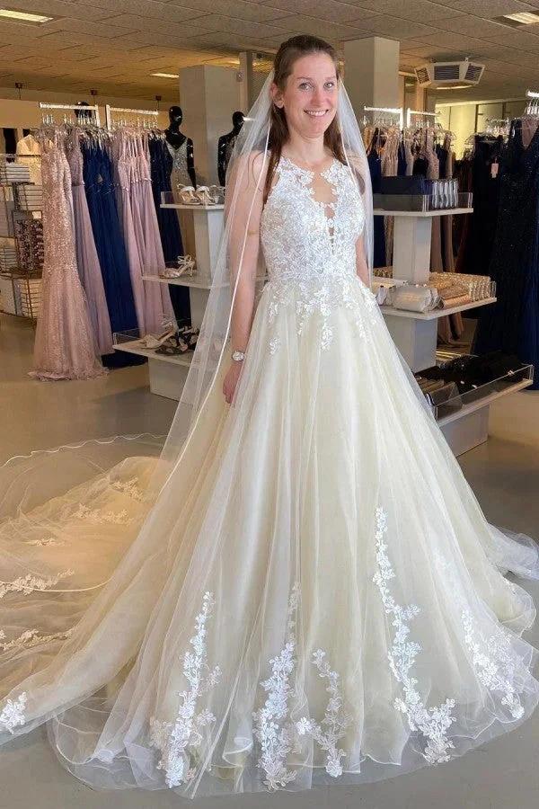 Long A-Line Appliques Lace Tulle Ruffles Backless Wedding Dress (ZD15092) - VelvetHem