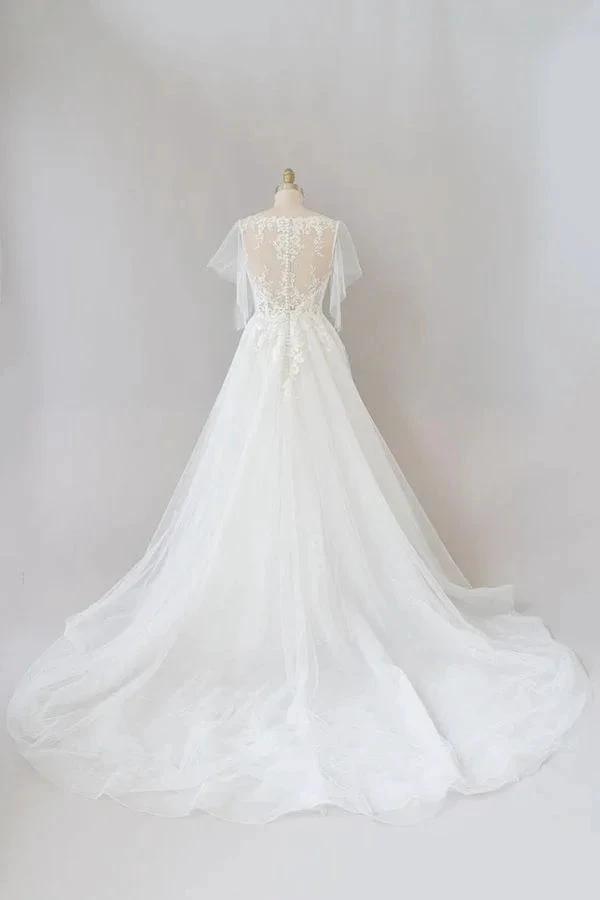Long A-line Appliques Lace Tulle Wedding Dress with Sleeves (ZD16691)
