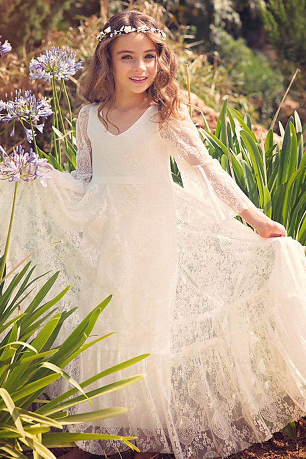 Long A-line Appliques Lace V-neck Flower Girl Dress with Sleeves - VelvetHem