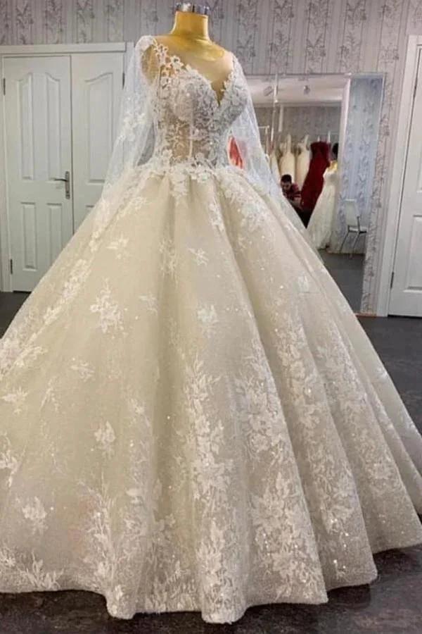 Long A-line Bateau Appliques Lace Sequins Tulle Wedding Dress (ZD15054)