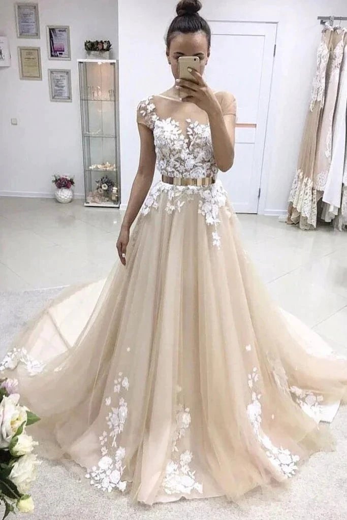 Long A-line Bateau Lace Appliqued Gold Sash Wedding Dress with Sleeves (ZD15844) - VelvetHem
