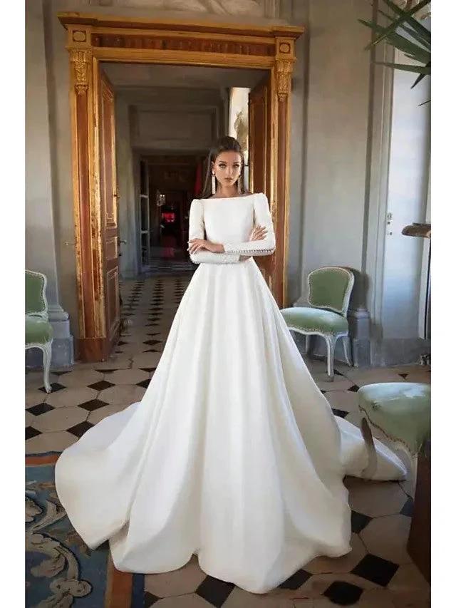 Long A-Line Bateau Neck Court Train Polyester Backless Wedding Dresses with Sleeves (ZD15954) - VelvetHem