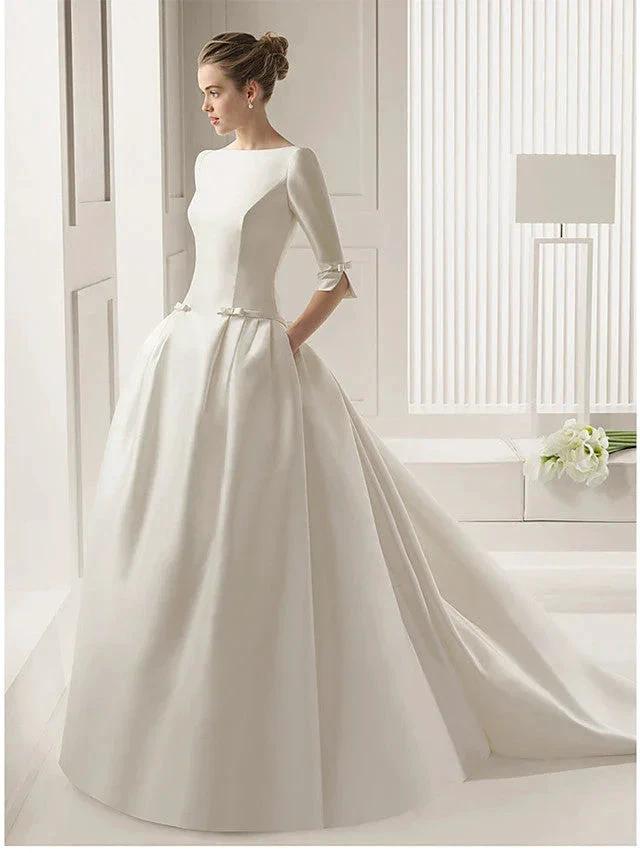 Long A-Line Bateau Neck Polyester Half Sleeve Backless Wedding Dresses with Pockets (ZD15969) - VelvetHem