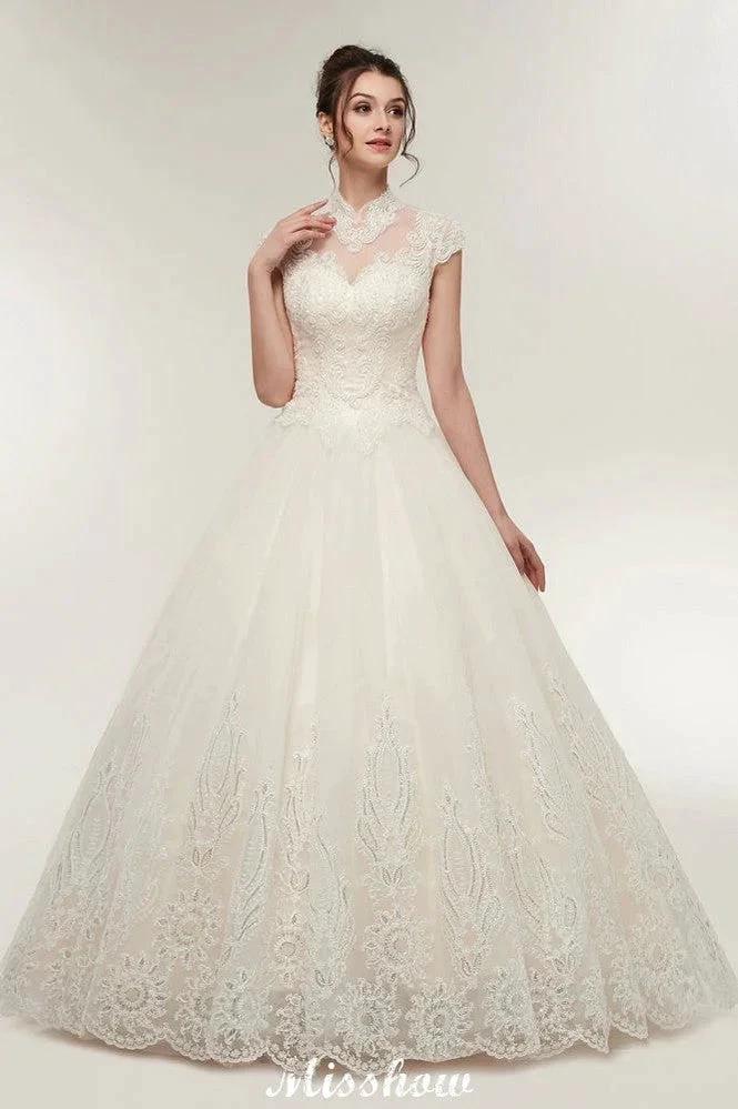 Long A-line High Neck Lace Appliques Short Sleeves Wedding Dresses with Lace-up by misshow.com