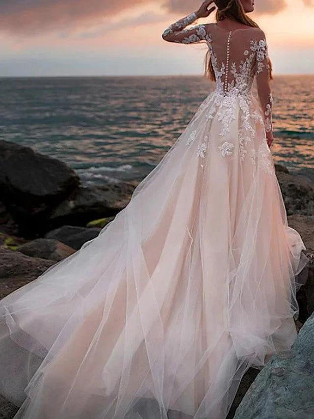 Long A-Line Jewel Neck Court Train Lace Tulle Wedding Dresses with Sleeves (ZD15952)