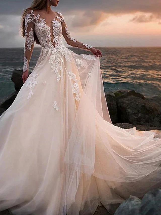 Long A-Line Jewel Neck Court Train Lace Tulle Wedding Dresses with Sleeves (ZD15952) - VelvetHem