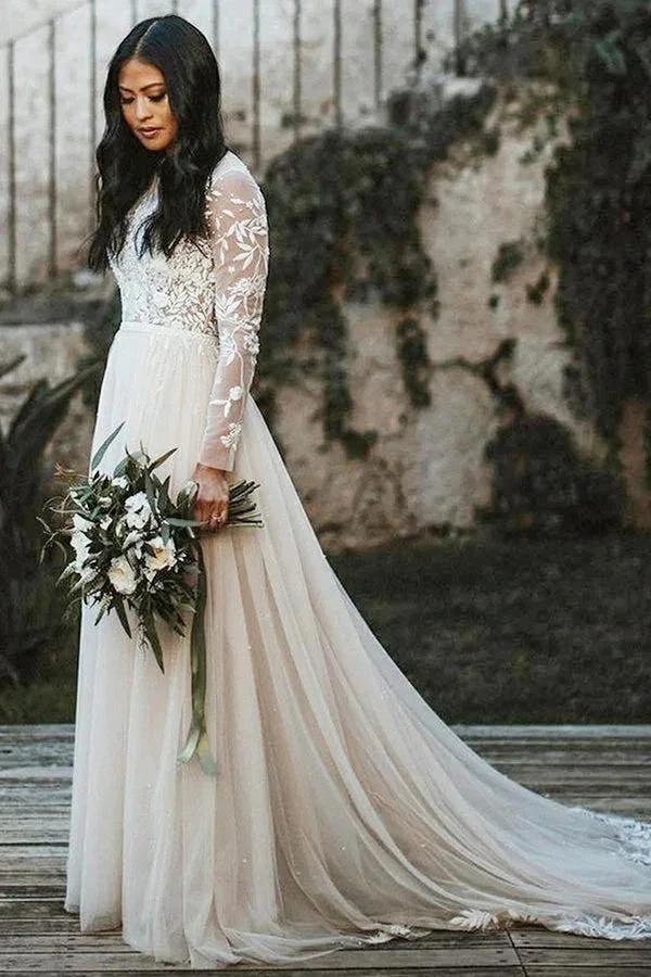 Long A-line Lace Scoop Neck Tulle Wedding Dress with Sleeves (ZD14996)