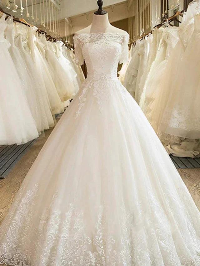Long A-line Off Shoulder Court Train Lace Tulle Wedding Dresses with Sleeves (ZD15937) - VelvetHem