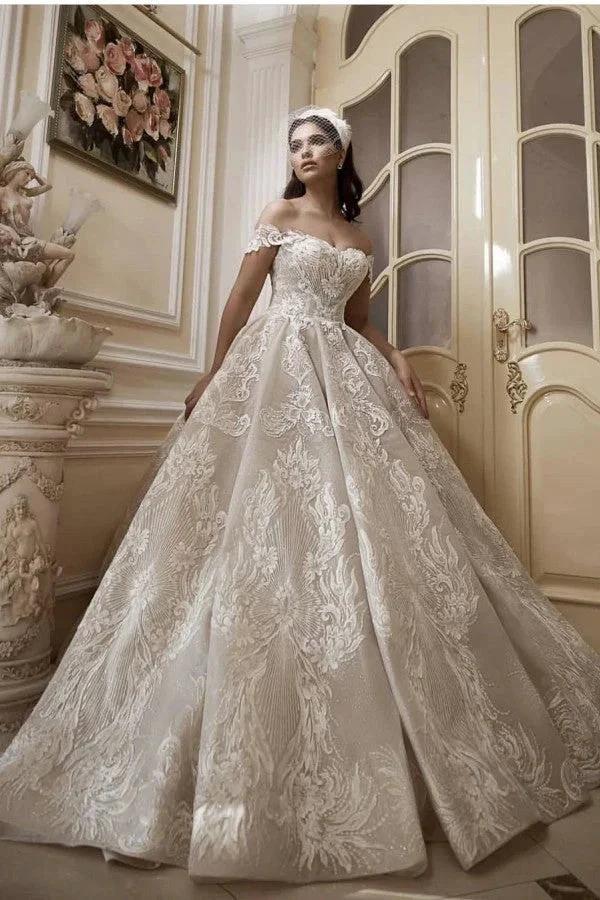 Long A-Line Off-the-Shoulder Appliques Lace Wedding Dress (ZD15072) - VelvetHem