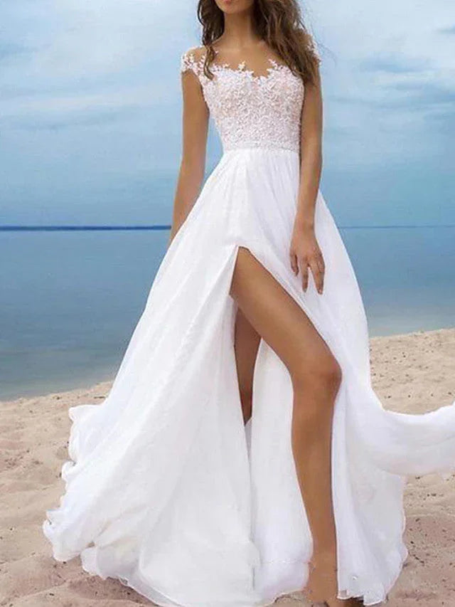 Long A-Line Off the Shoulder Chiffon Backless Wedding Dresses with Slit (ZD15933) - VelvetHem