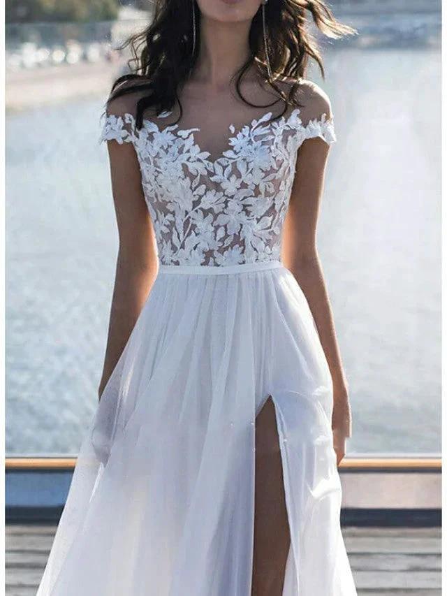 Long A-Line Off the Shoulder Lace Chiffon Wedding Dresses with Sleeves (ZD15958)
