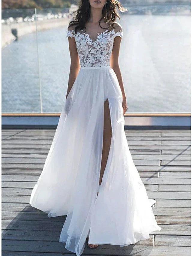 Long A-Line Off the Shoulder Lace Chiffon Wedding Dresses with Sleeves (ZD15958) - VelvetHem