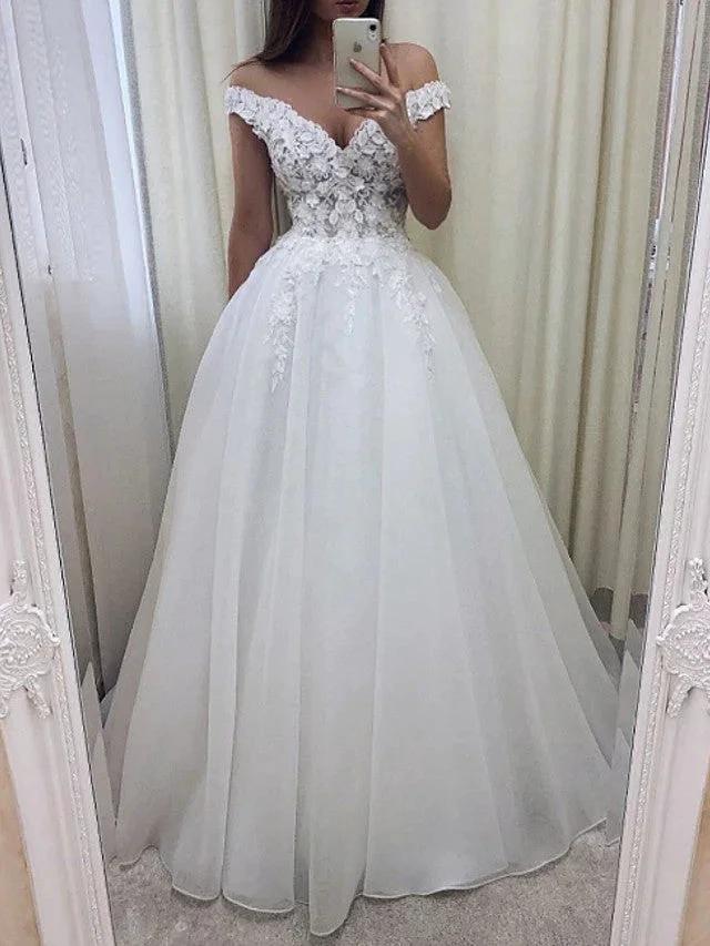 Long A-Line Off the Shoulder Lace Tulle Wedding Dresses (ZD15963) - VelvetHem