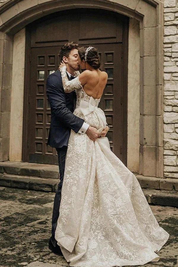 Long A-line Off The Shoulder Lace Wedding Dress With Sleeves (ZD14999)