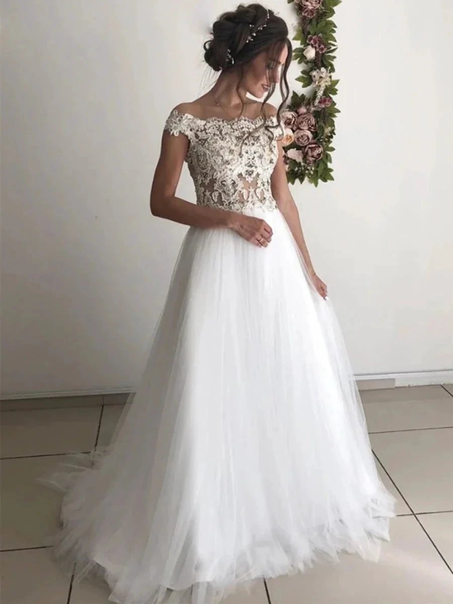 Long A-line Off the Shoulder Round Neck Tulle Lace Wedding Dresses (ZD16738) - VelvetHem