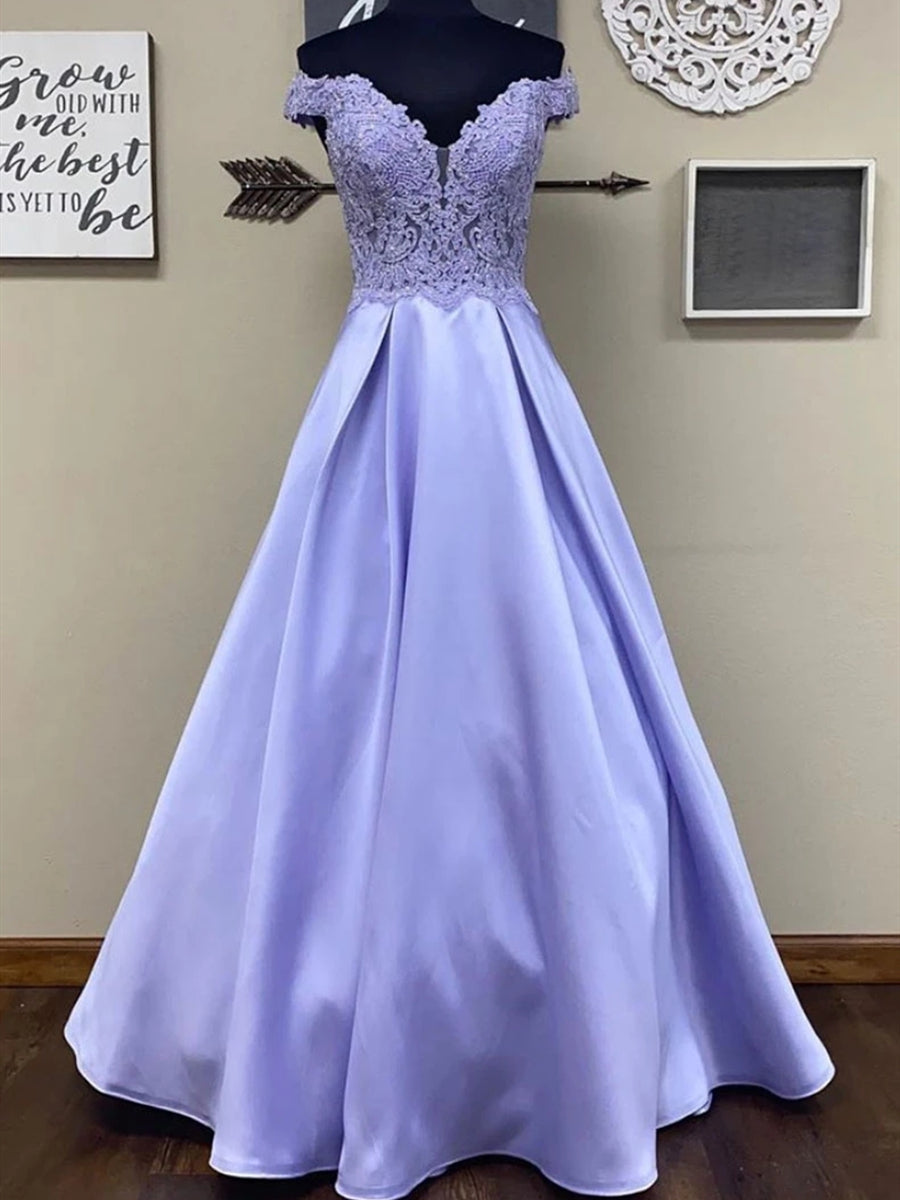 Long A-line Off the Shoulder Satin Lace Formal Graduation Prom Dresses - VelvetHem