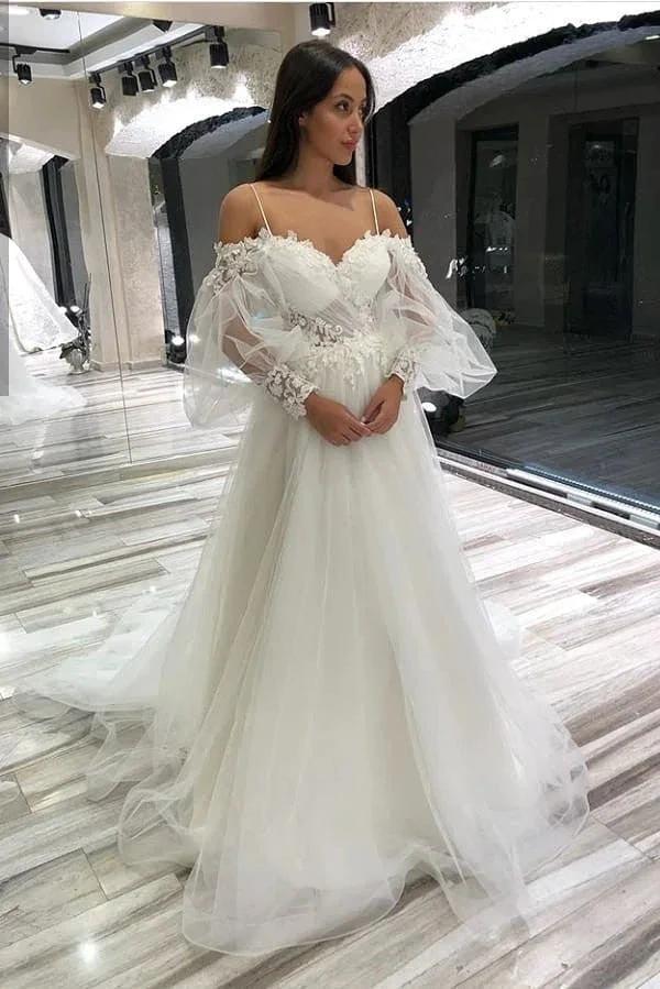 Long A-Line Off-the-Shoulder Sweetheart Appliques Lace Tulle Wedding Dresses with Sleeves (ZD15104) - VelvetHem