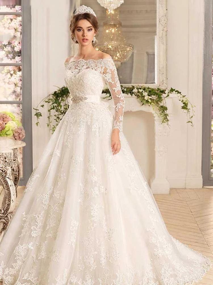 Long A-line Off-the-Shoulder Tulle Lace Wedding Dresses with Sleeves (ZD15924) - VelvetHem