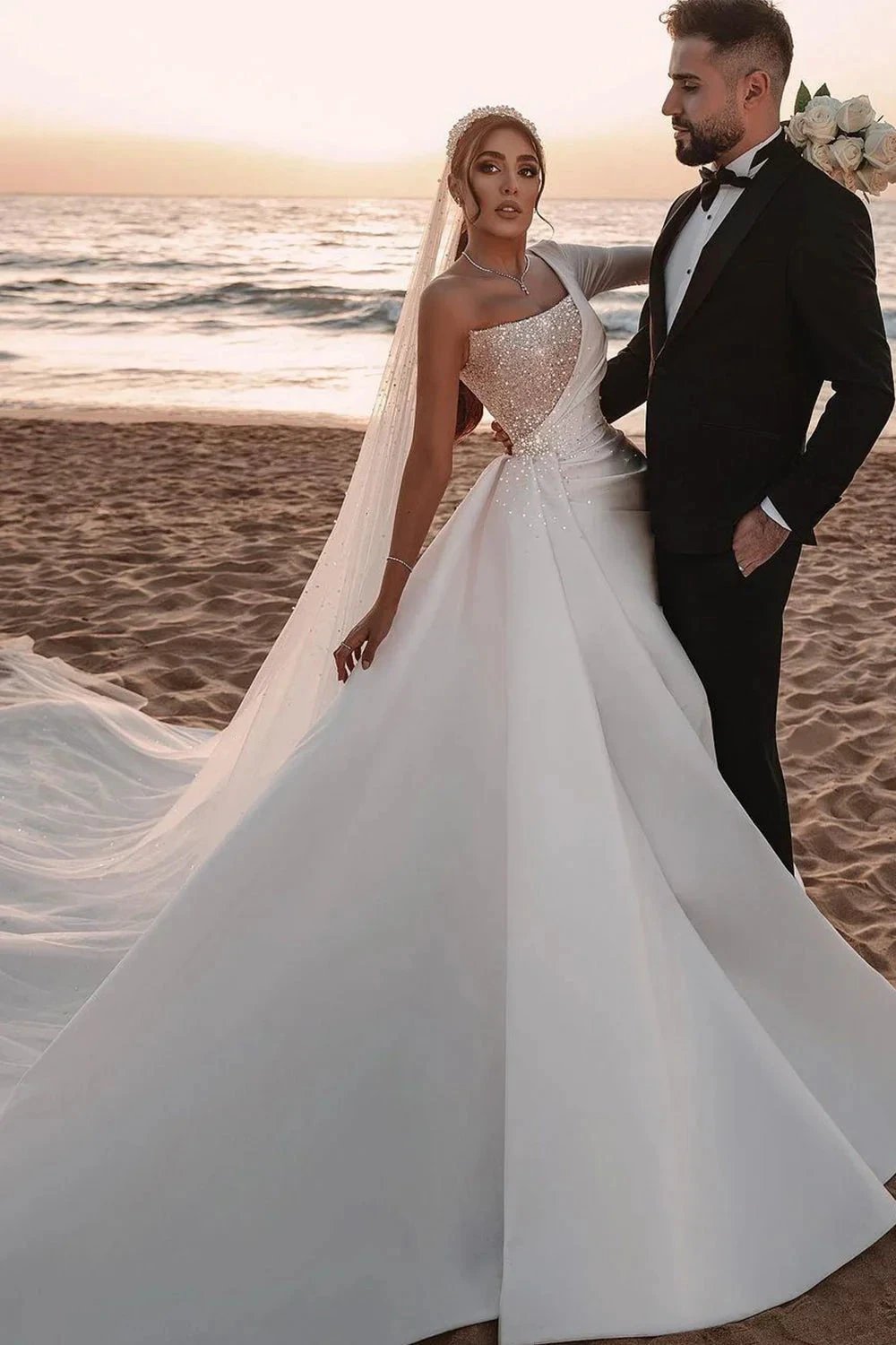 Long A-line One Shoulder Sequins Satin Wedding Dress with Sleeves (ZD15994) - VelvetHem