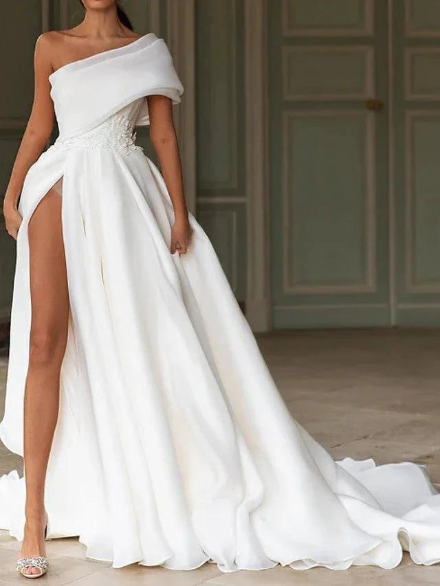 Long A-Line One Shoulder Sweep Brush Train Chiffon Wedding Dresses with Slit (ZD15941) - VelvetHem