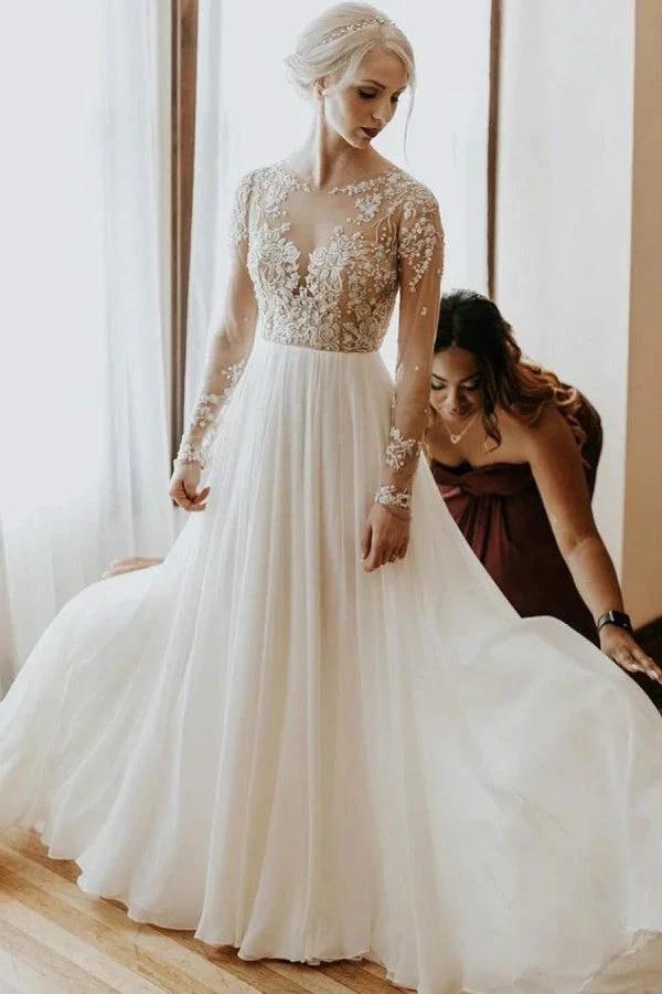 Long A-Line Open Back Chiffon Appliques Lace Wedding Dress with Sleeves (ZD15066) - VelvetHem