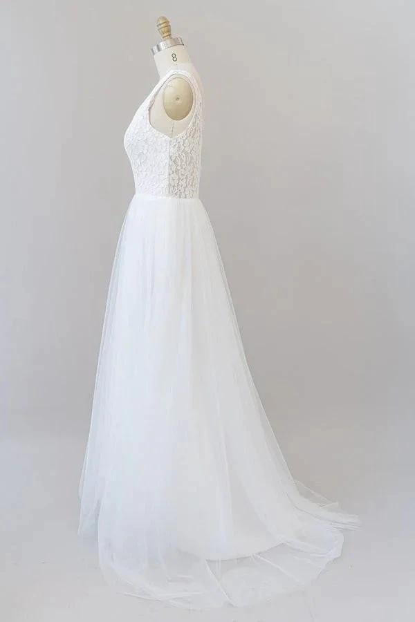 Long A-line Open Back V-neck Lace Tulle Wedding Dress (ZD14377)